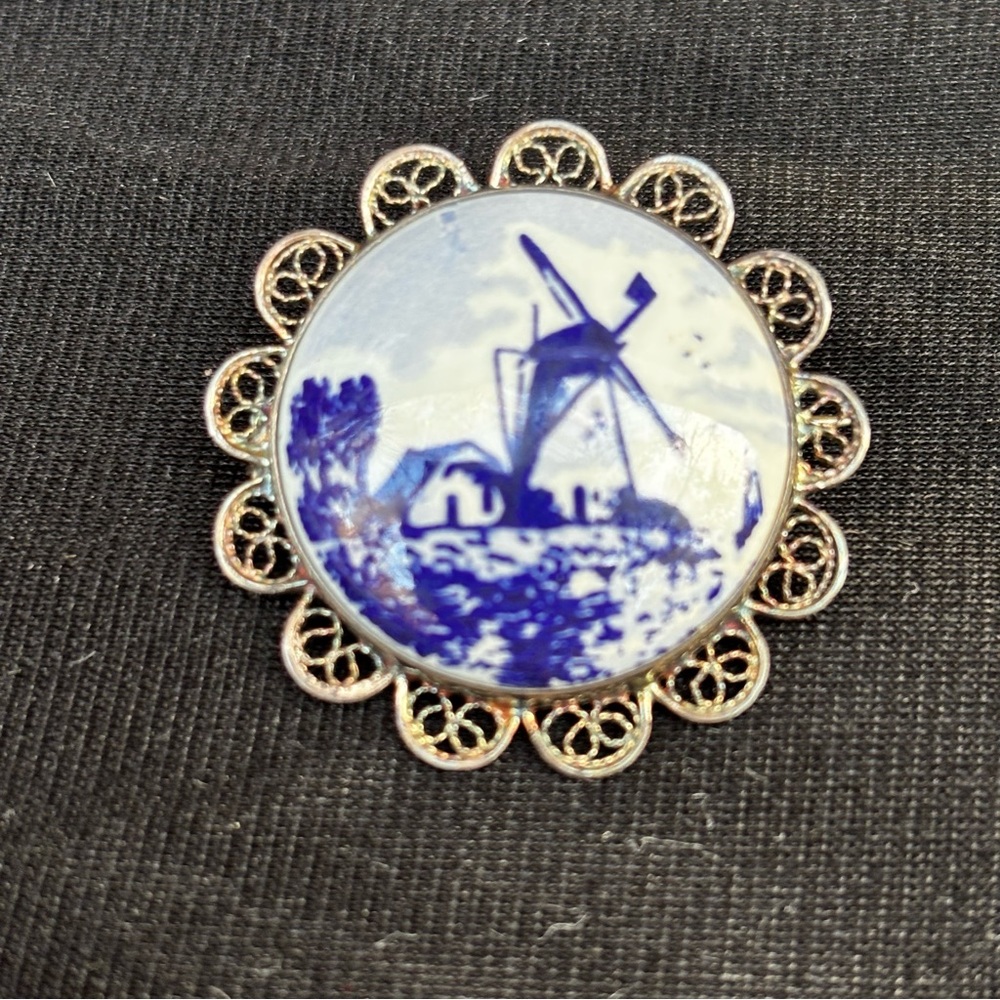 Dutch Windmill Scene Porcelain Painted Brooch Vintage Silver toned filigree